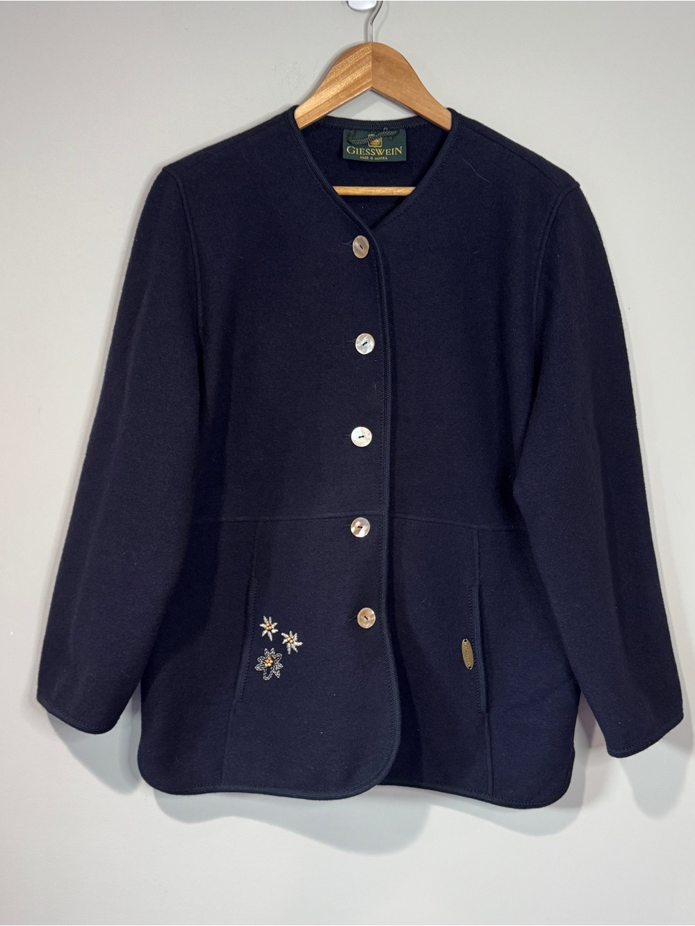 Vintage Giesswein Austria Wool Button Jacket Edelweiss Embroidered US 10/EU 40